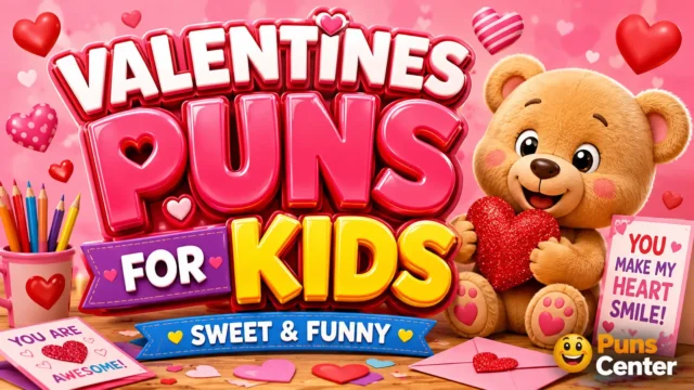 Colorful Valentine artwork featuring valentines puns for kids with a teddy bear, hearts, and 3D lettering.