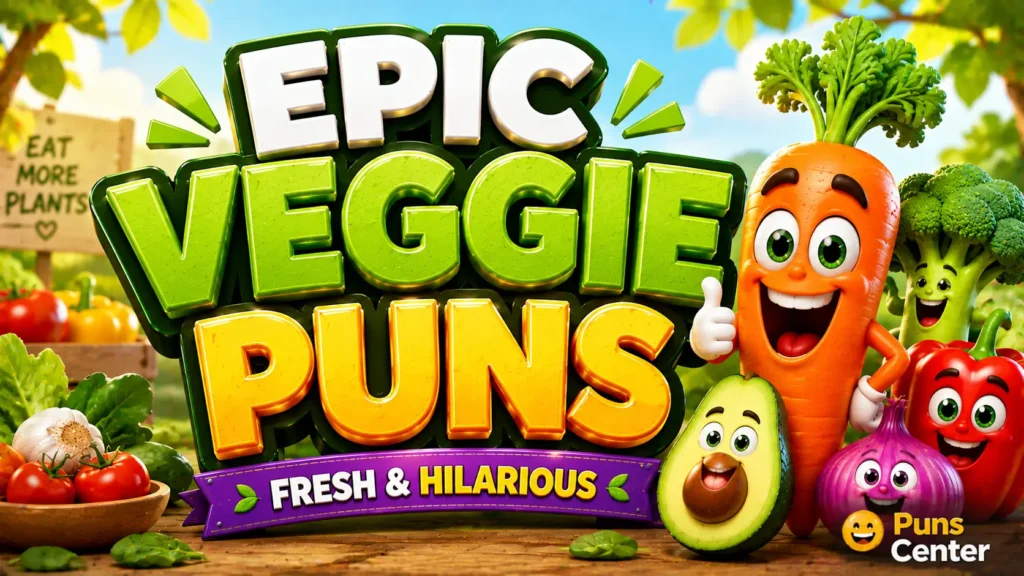 veggie puns featured image with colorful vegetables and bold 3D typography