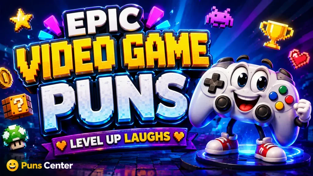 Epic video game puns featured image with a colorful gaming controller mascot