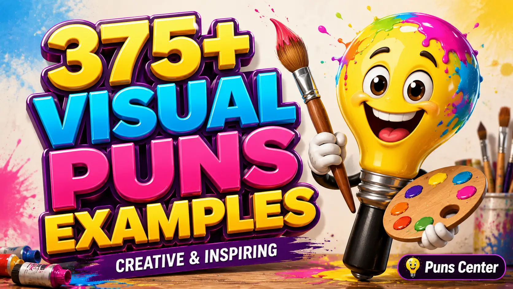 Featured image for visual puns examples with bold 3D typography, a colorful paintbrush mascot, and an artistic background.