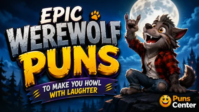 Epic werewolf puns with a cheerful cartoon werewolf under a full moon