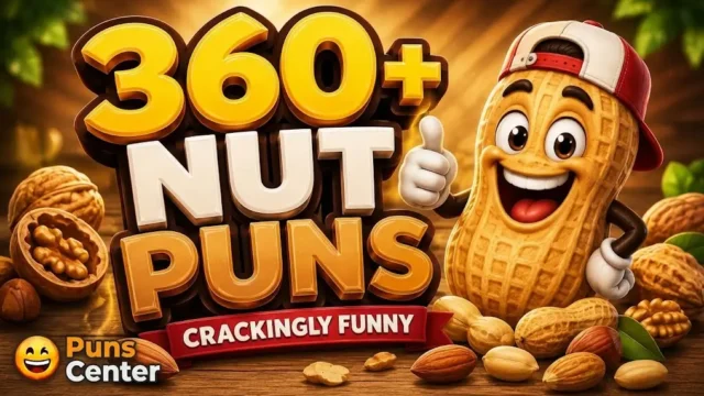 A cheerful cartoon peanut wearing a backward baseball cap and giving a thumbs up next to large 3D text reading "360+ Nut Puns Crackingly Funny", surrounded by scattered walnuts and almonds on a wooden table.