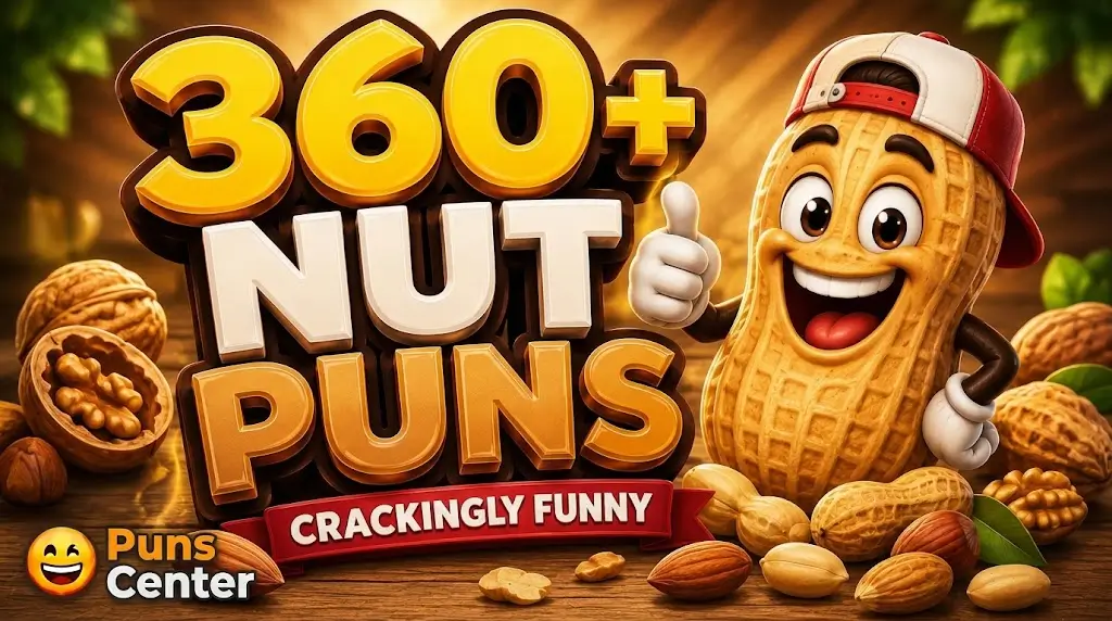 A cheerful cartoon peanut wearing a backward baseball cap and giving a thumbs up next to large 3D text reading "360+ Nut Puns Crackingly Funny", surrounded by scattered walnuts and almonds on a wooden table.