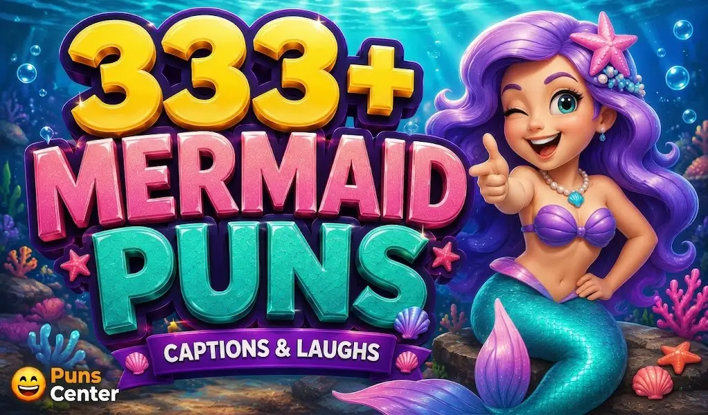 A 3D cartoon mermaid with purple hair winking and pointing next to large text that reads "333+ Mermaid Puns" and "Captions & Laughs" set against a vibrant underwater coral reef background.