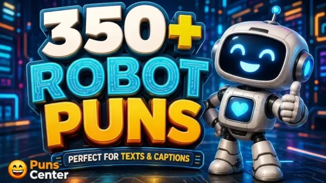A cute 3D white robot with a glowing blue smiling face and heart giving a thumbs up, standing next to large text reading "350+ Robot Puns" and "Perfect for Texts & Captions" against a neon futuristic background.