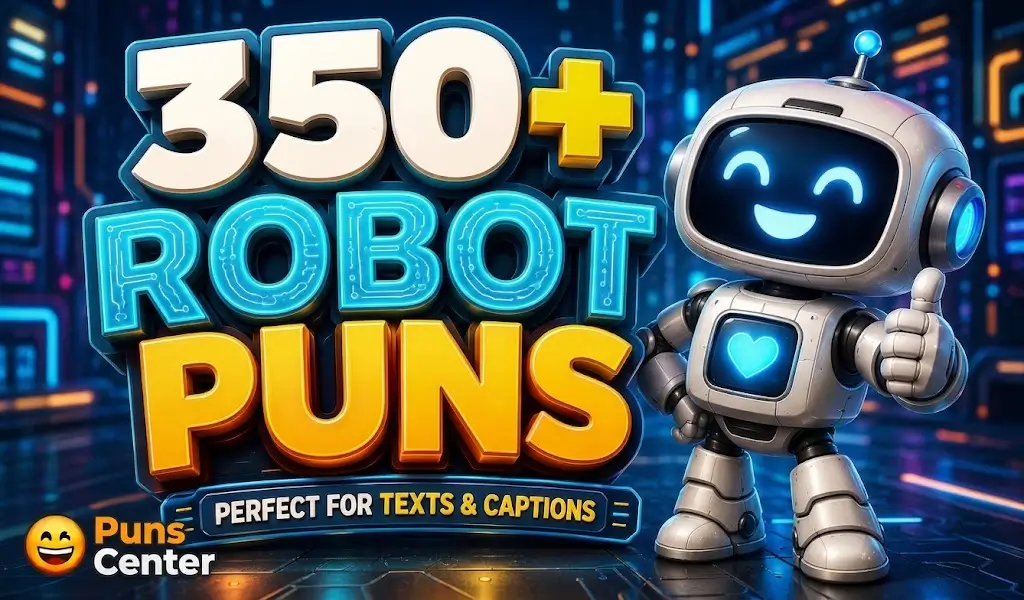 A cute 3D white robot with a glowing blue smiling face and heart giving a thumbs up, standing next to large text reading "350+ Robot Puns" and "Perfect for Texts & Captions" against a neon futuristic background.