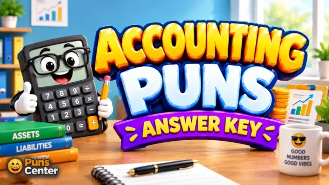 Accounting puns featured image with a cheerful calculator mascot, coins, charts, and bold 3D typography.