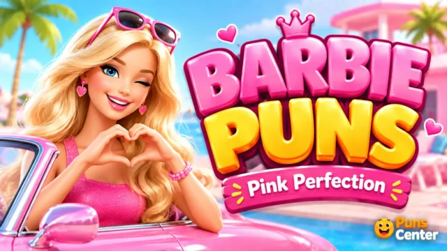 Barbie puns featured image with a pink doll-inspired character and bold 3D typography.