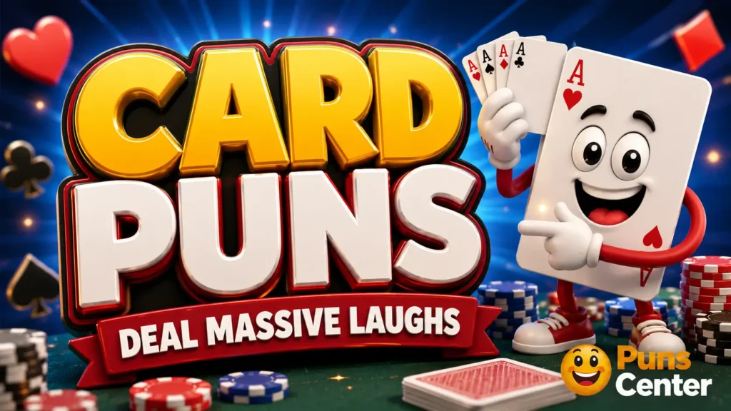 Card puns featured image with bold 3D card lettering and a cheerful playing card mascot.