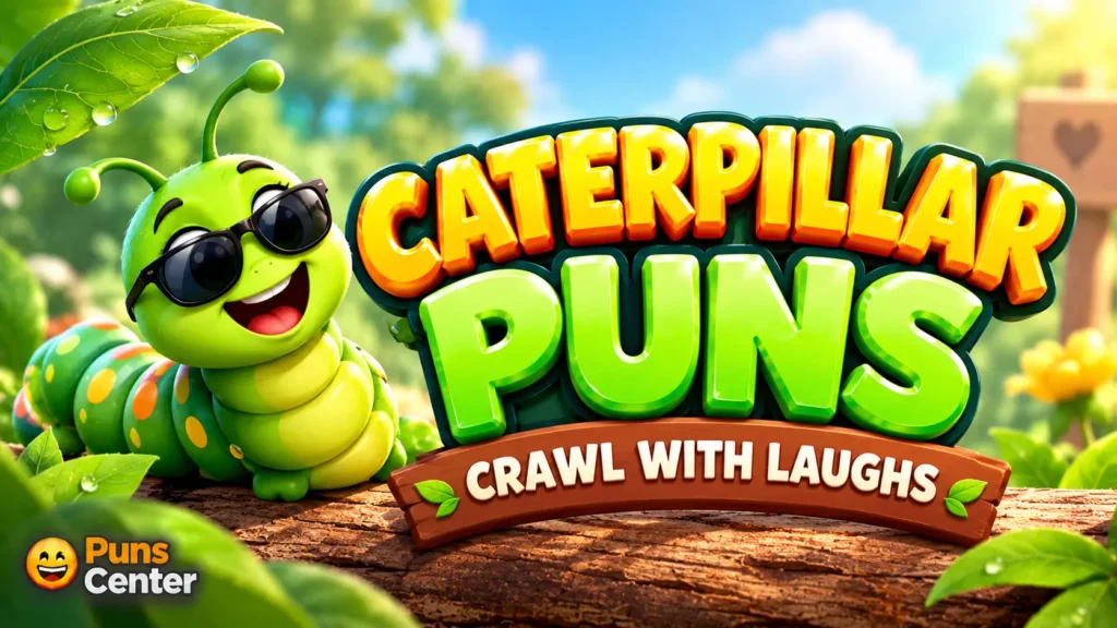 Caterpillar puns featured image with a cheerful green caterpillar, bold 3D text, and a bright garden background.