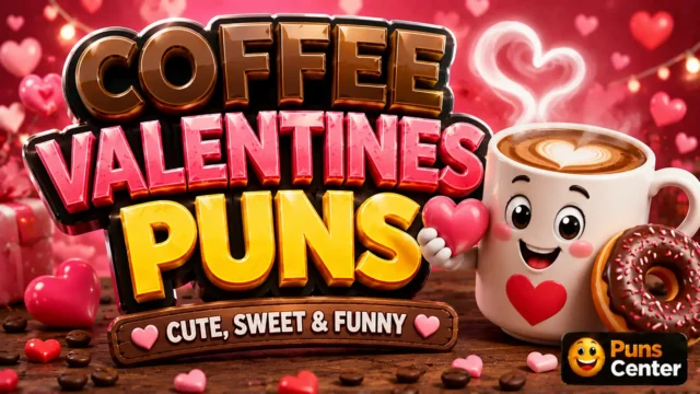 coffee valentines puns featured image with a heart latte mug and colorful Valentine’s background