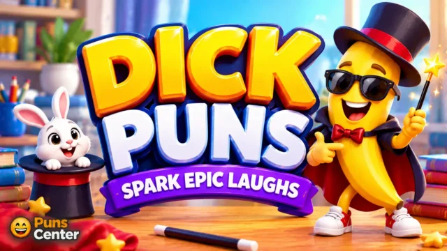 Dick puns thumbnail featuring a cartoon magician banana and a bunny in a top hat