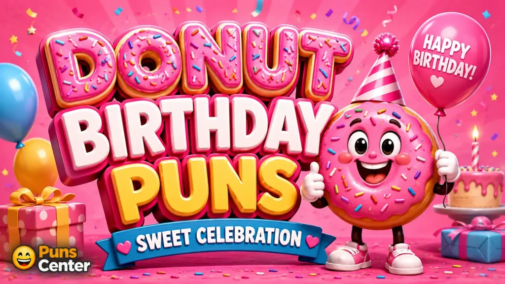 donut birthday puns featured image with a cheerful pink donut, birthday balloons, gifts, and colorful 3D text