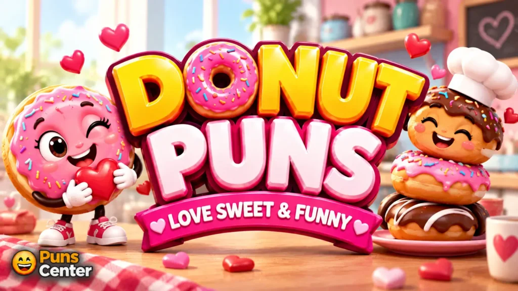 Donut puns love themed featured image with glossy 3D donuts, hearts, and sweet pink typography.