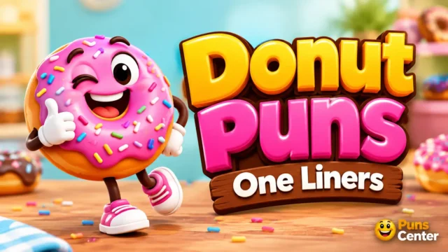 Colorful donut mascot with bold donut puns one liners typography for a fun featured image.