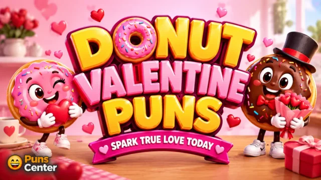 Colorful donut valentine puns thumbnail with heart-shaped decorations and cute Valentine donuts.