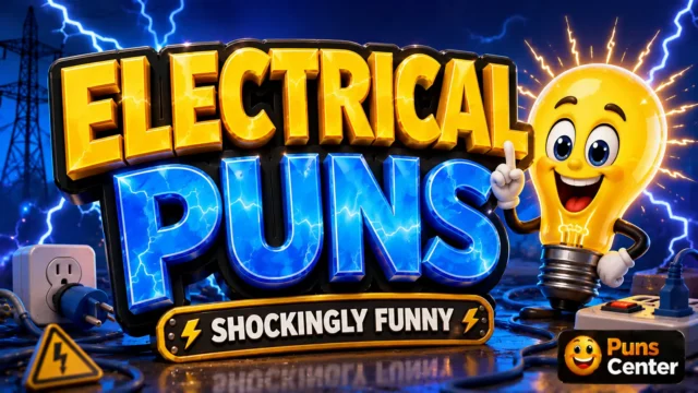 electrical puns featured image with a glowing lightbulb mascot and electric lightning background