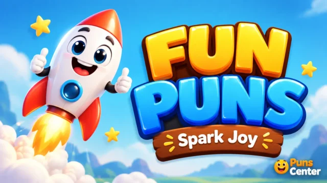 Fun puns featured image with a cheerful rocket and bold 3D typography