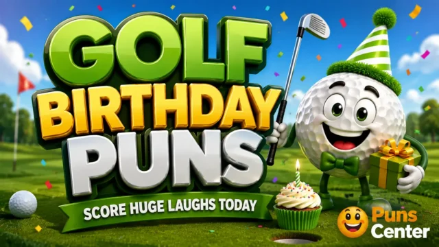 Golf birthday puns featured image with 3D golf typography and a cheerful golf ball mascot.
