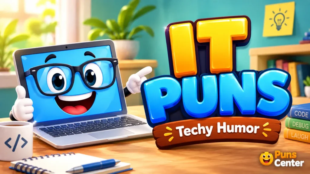 IT Puns featured image with a cheerful laptop mascot and bold 3D tech typography.