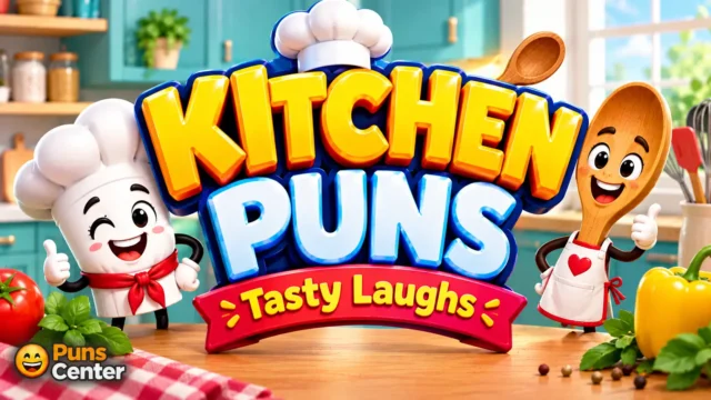 Colorful 3D kitchen scene with bold kitchen puns text, cooking tools, and a cheerful food-themed design.