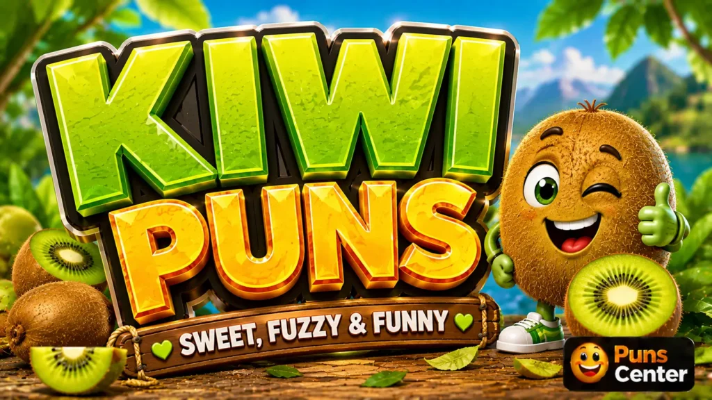 kiwi puns featured image with a cheerful fuzzy kiwi mascot and bold 3D typography
