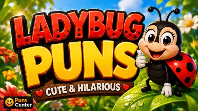 ladybug puns featured image with a cheerful cartoon ladybug in a colorful garden