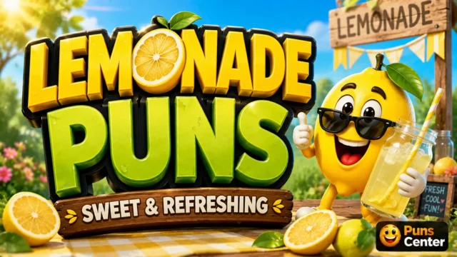 Lemonade puns featured image with a cheerful lemon mascot and refreshing summer lemonade