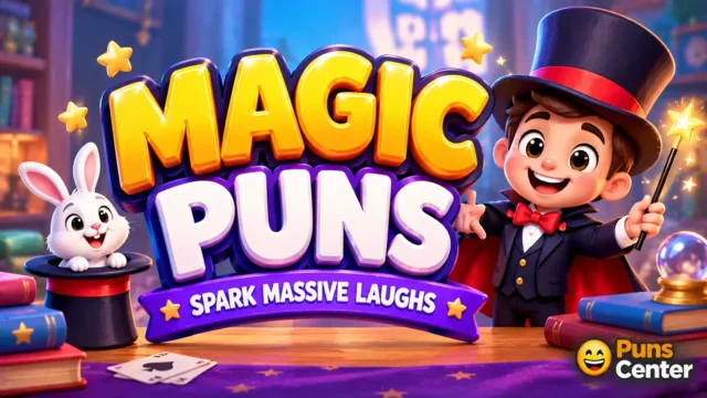 Colorful 3D magic puns thumbnail with a smiling magician, rabbit, magic wand, and sparkling purple background