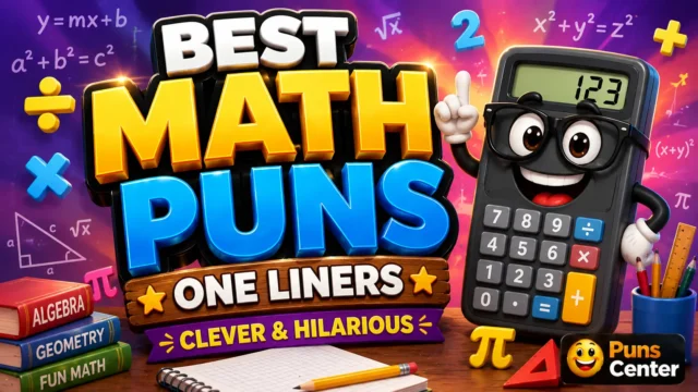 Math puns one liners featured image with a fun calculator mascot and colorful math symbols