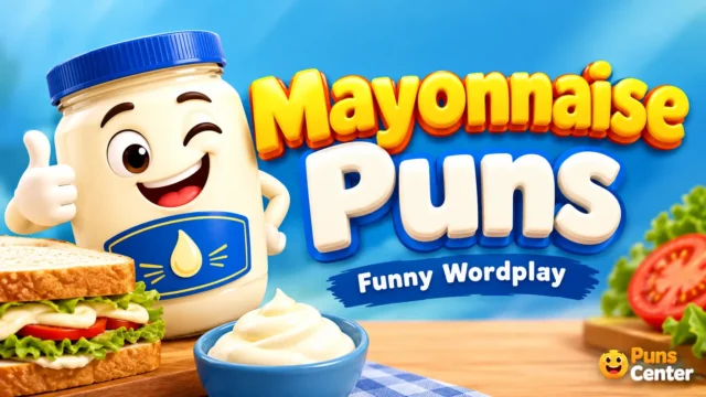 Mayonnaise puns featured image with a playful 3D mayonnaise mascot and bold typography