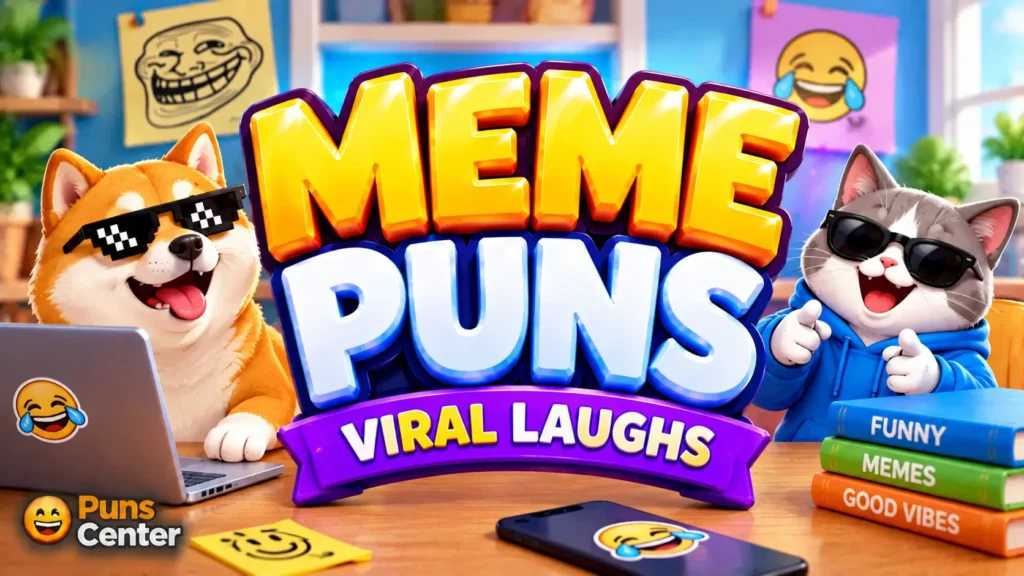 Meme puns featured image with colorful 3D typography, funny animals, emojis, and social media elements.