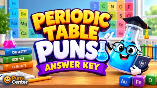 Periodic table puns answer key with colorful chemistry elements and a fun science mascot.