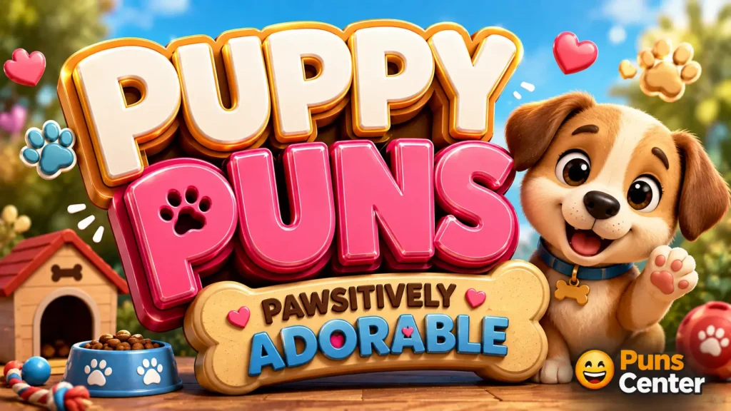 puppy puns featured image with an adorable puppy and colorful 3D typography