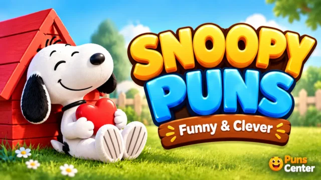 Snoopy puns featured image with a cheerful cartoon dog and bold 3D typography.