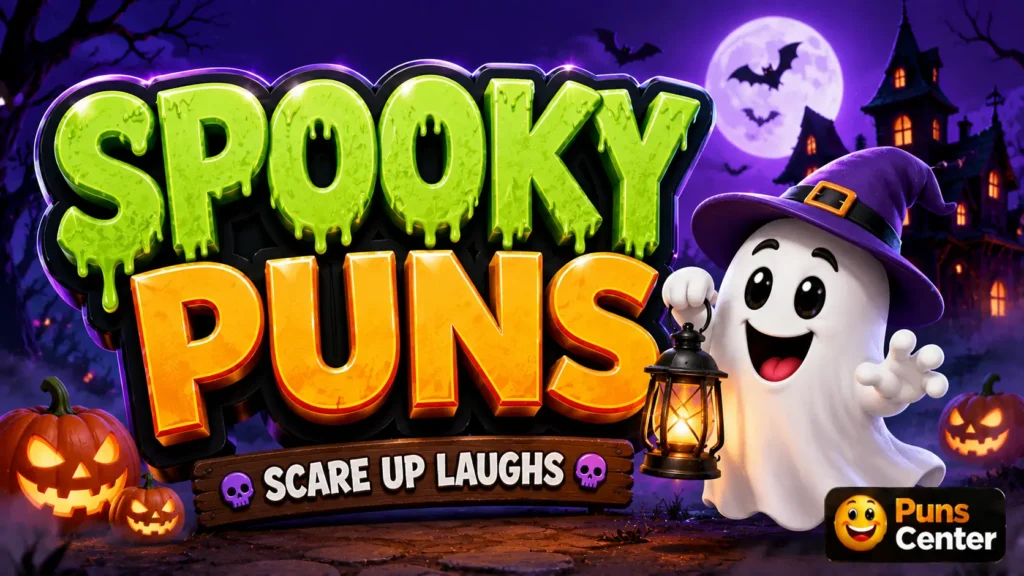 spooky puns featured image with a cheerful ghost, pumpkins, bats, and bold 3D typography