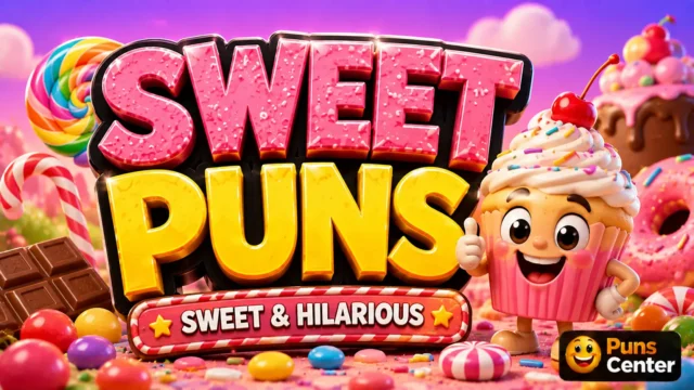 sweet puns featured image with a cheerful cupcake mascot and colorful candy background