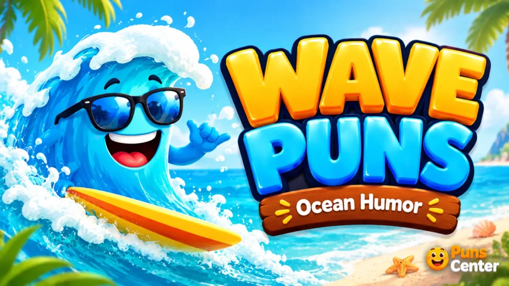 Funny wave puns thumbnail with a cheerful cartoon wave at a sunny beach