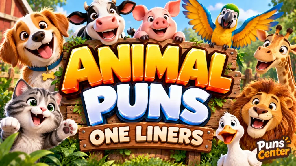 Animal Puns One Liners featured image with cheerful cartoon animals and bold 3D lettering
