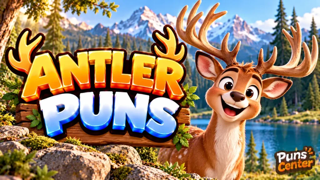 Antler Puns featured image with a cheerful deer, giant antlers, mountain scenery, and bold 3D lettering