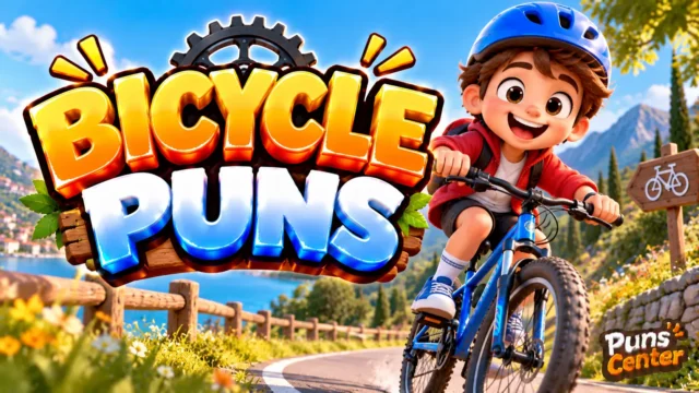 Bicycle Puns featured image with a cheerful cyclist, blue bicycle, and bold glossy 3D lettering