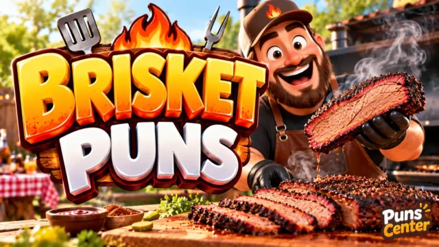 Brisket Puns featured image with a smiling pitmaster, smoked brisket, and bold 3D lettering