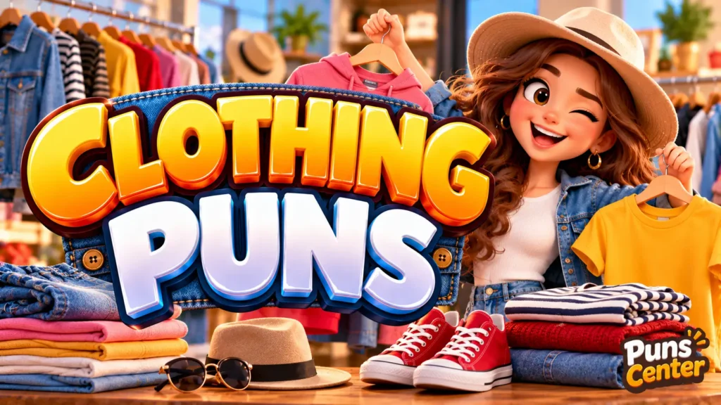 Clothing Puns featured image with a smiling fashion lover, colorful outfits, and bold 3D lettering