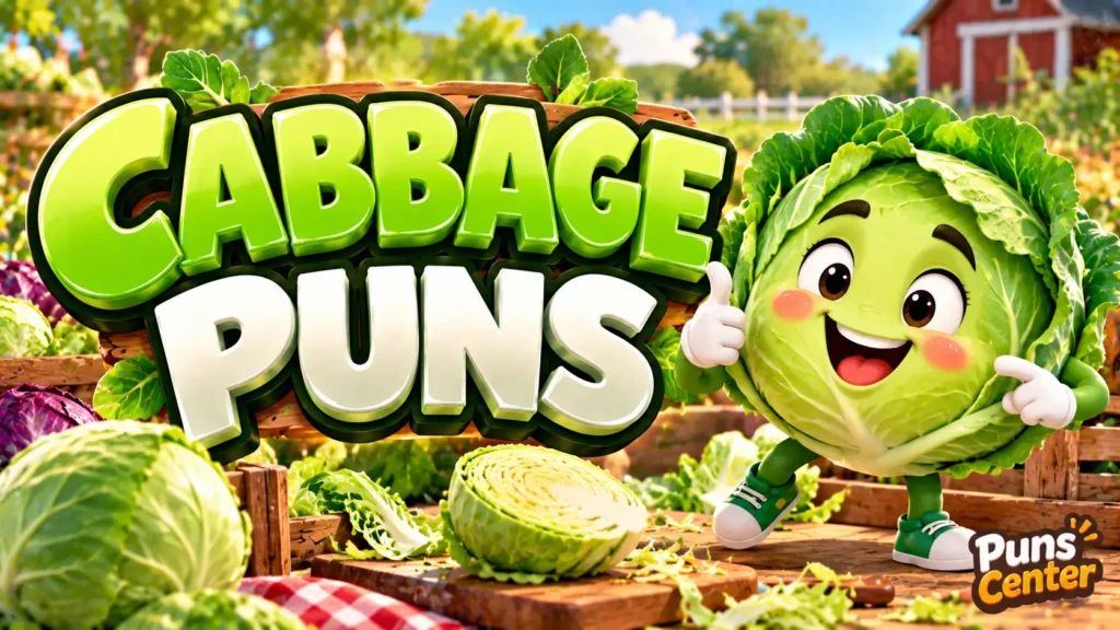 Cabbage Puns featured image with a cheerful cabbage mascot and bold green 3D lettering