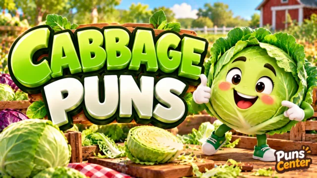 Cabbage Puns featured image with a cheerful cabbage mascot and bold green 3D lettering