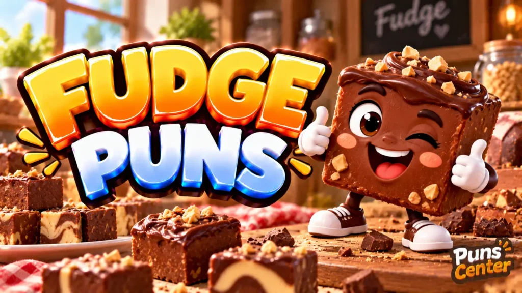 Fudge Puns featured image with a smiling chocolate fudge mascot, sweet treats, and bold 3D lettering