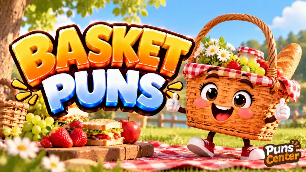 Basket Puns featured image with a cheerful wicker basket mascot, fresh fruit, flowers, and bold 3D lettering