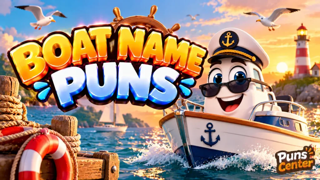 Boat Name Puns featured image with a cheerful captain boat mascot, sailboat, lighthouse, and bold 3D lettering