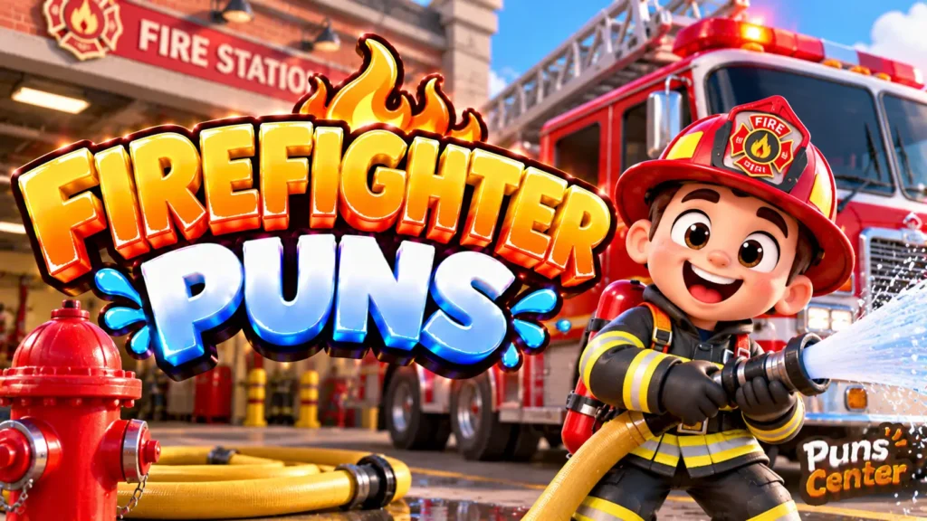 Firefighter Puns featured image with a cheerful firefighter, red fire engine, and bold 3D lettering