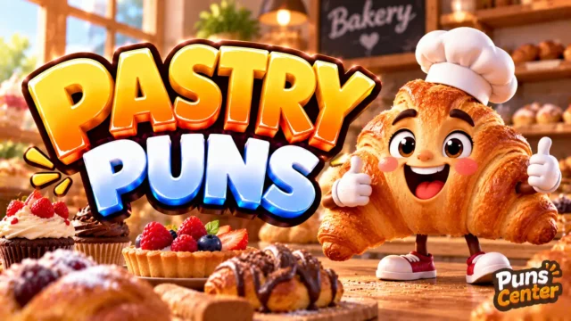 Pastry Puns featured image with a cheerful croissant mascot, colorful pastries, and bold 3D lettering